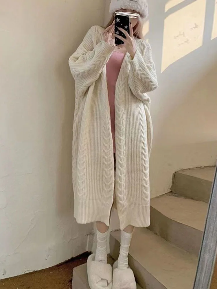 Solid Vintage Long Knitted Sweater Cardigan Autumn Winter Fashion Sweet Cute Elegant Loose Knitting Sweater Women Top Korean