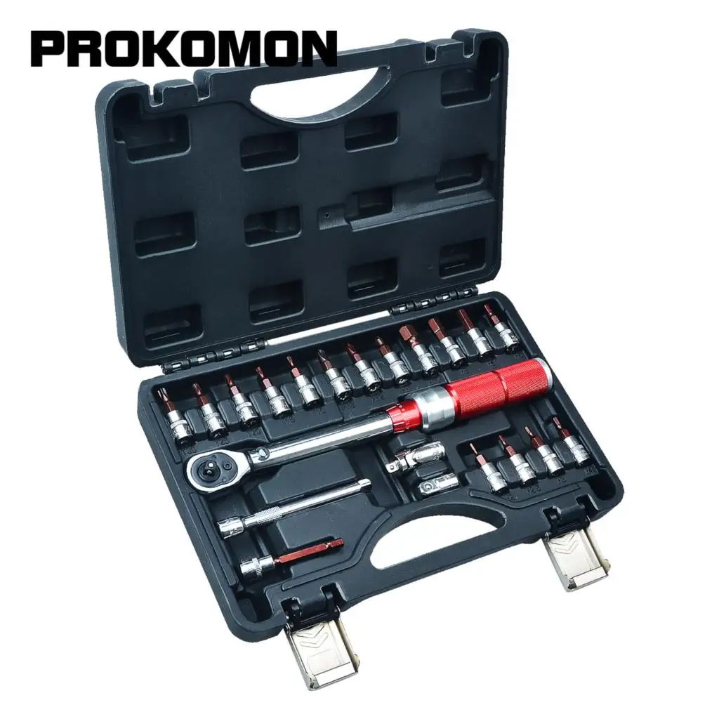 Prokomon Bike Torque Wrench 1/4\'\', 5-25Nm, 0.1Nm Micro, Drive Click Torque Wrench Set, Hex, Torx/Star Bit Sockets, Extension Bar