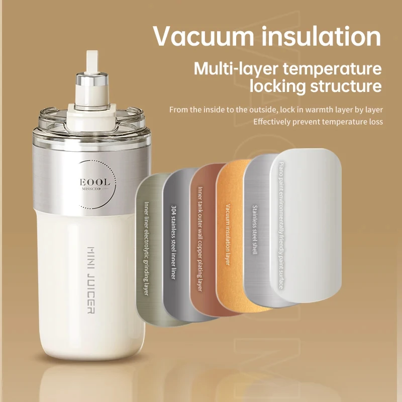 Insulated Juicer Double Layer Vacuum 304 Stainless Steel Juicers 350ml USB Charge Portable 26 Blades Strong Power Freesh Juicer