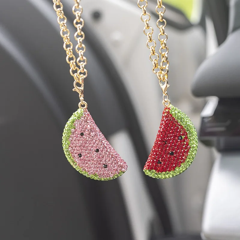 

Bling Watermelon Hanging Car Rearview Mirror Charm Ornament Interior Decoration Rhinestone Pendant Chain Jewelry Accessory pink