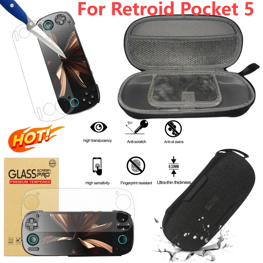 Für Retroid Pocket 5 Displayschutzfolien aus gehärtetem Glas, ultraklare 9H-Film, Spielkonsolen-Tragetasche, stoßfeste Schutzhülle