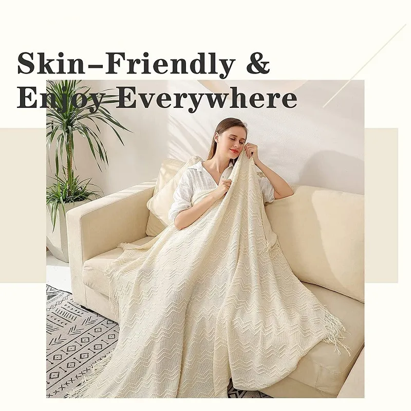 Soft Cozy Knitted Nordic Throw Blanket Cover with Tassel Bed Sofa Travel Plaids for Women Men and Kids Home Decor White