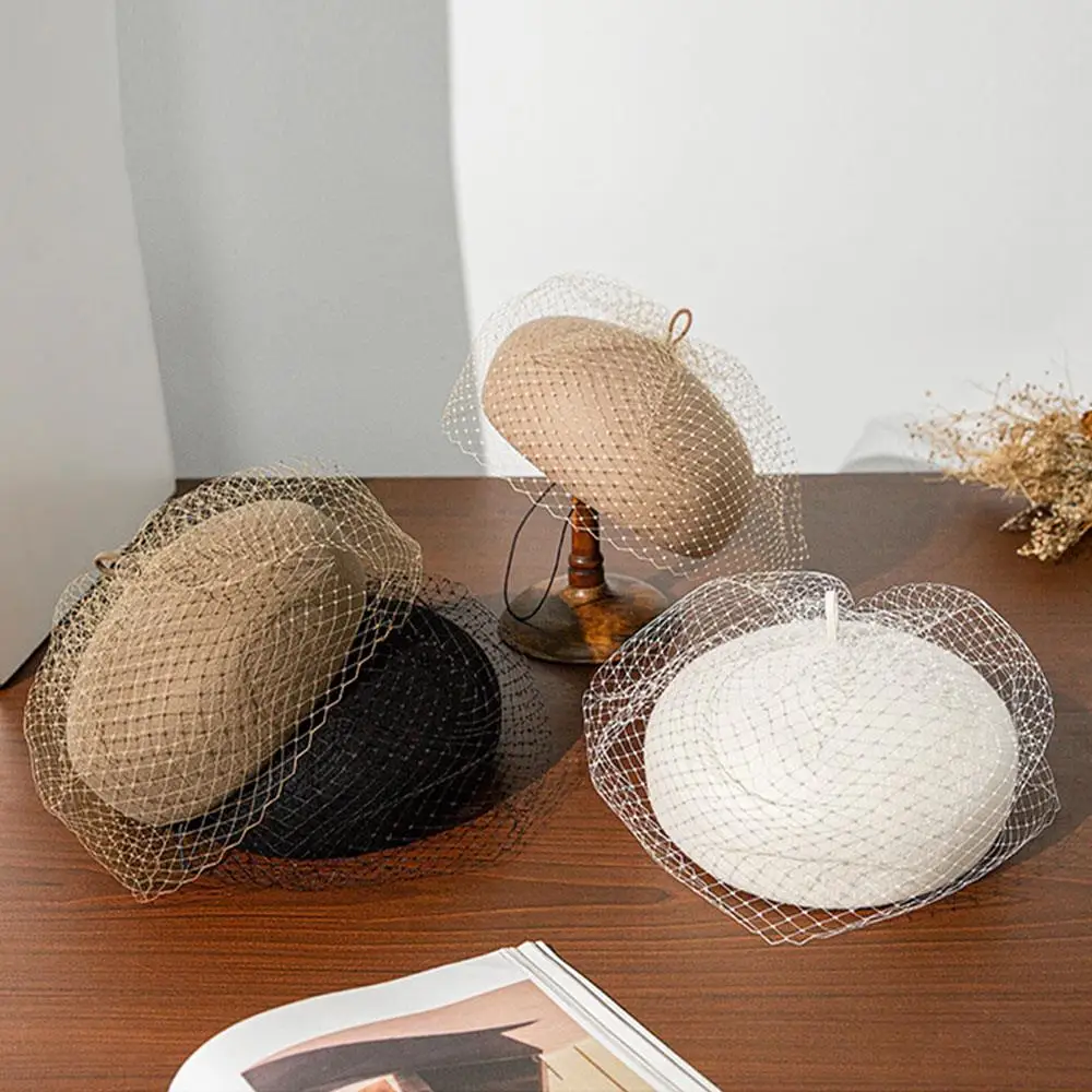 

1pc Elegant Classic Women's Beret Winter Hat Wool Hat Tulle Berets French Elegant Vintage Women Lace Playful Beret Cap with Net