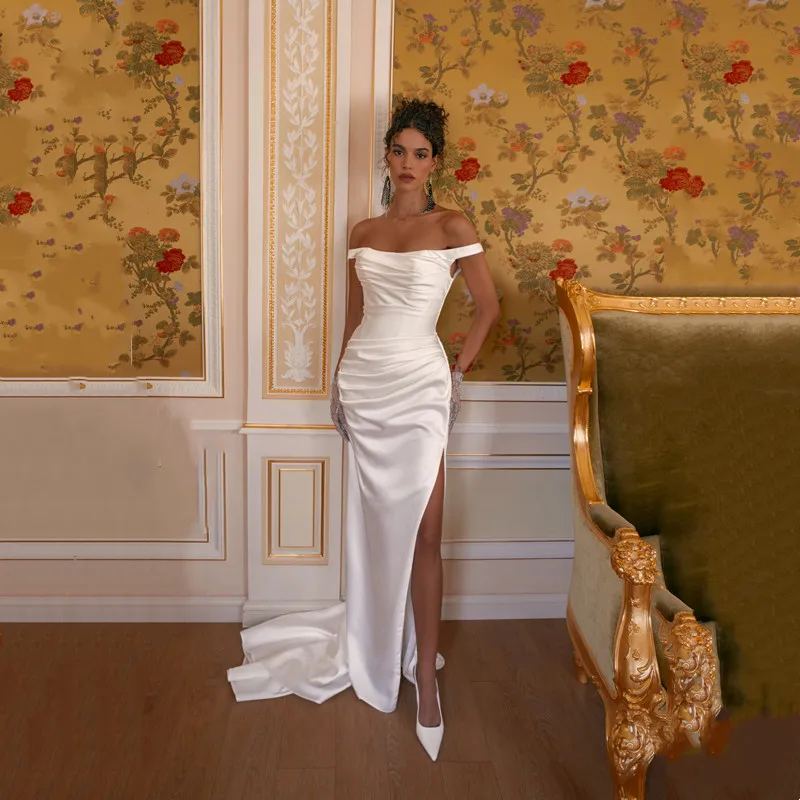 

Elegant Ivory Satin Mermaid Long Wedding Dress Simple Off The Shoulder Strapless Sexy Side Slit Backless with Lace-up Grown 2026