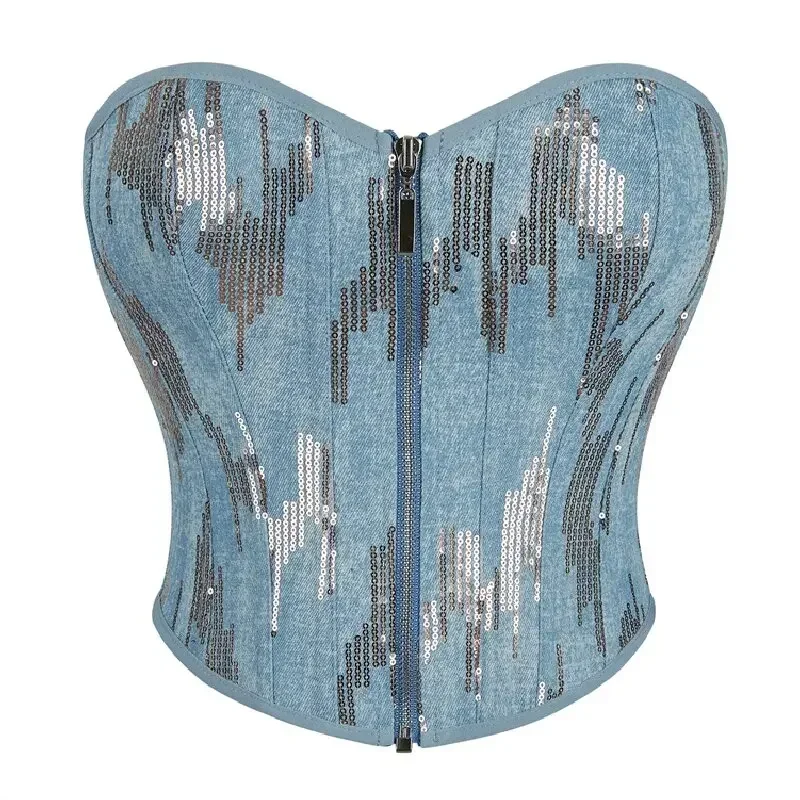 Summer Women's Corsets Camisole Slim Sexy Blue Colour Zipper Overbust Cowboy Tank Crop Top Corselet