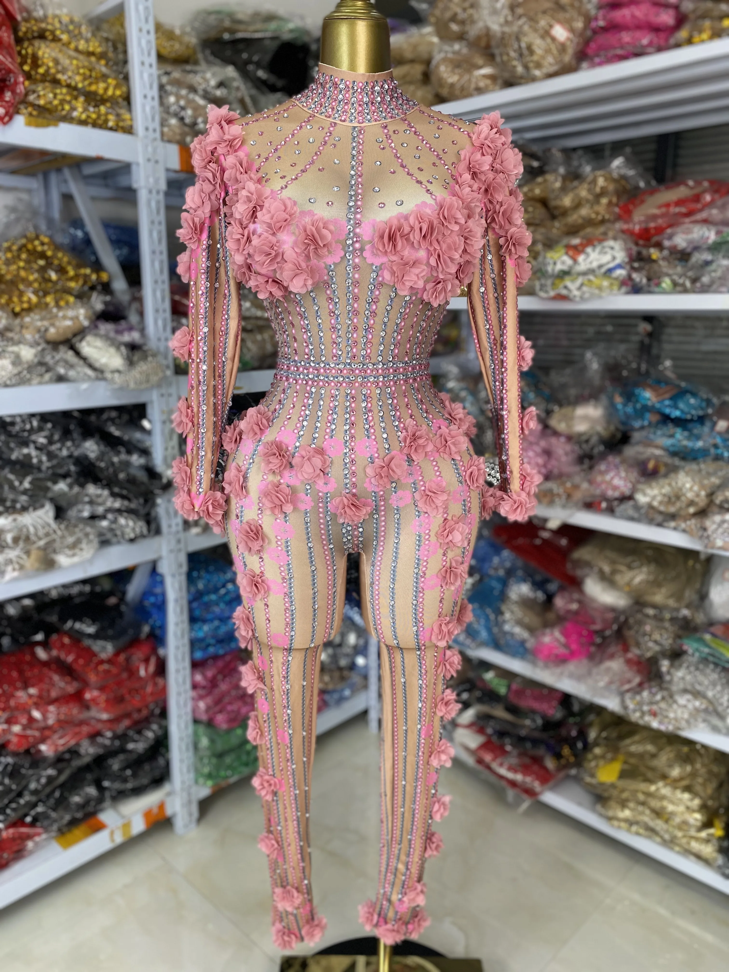 

Women Special Occassion Bodycon Jumpsuits Dresses Long Sleeve Flowers Rhinestones Celebrity Evening Club Showgirl Stage Costumes