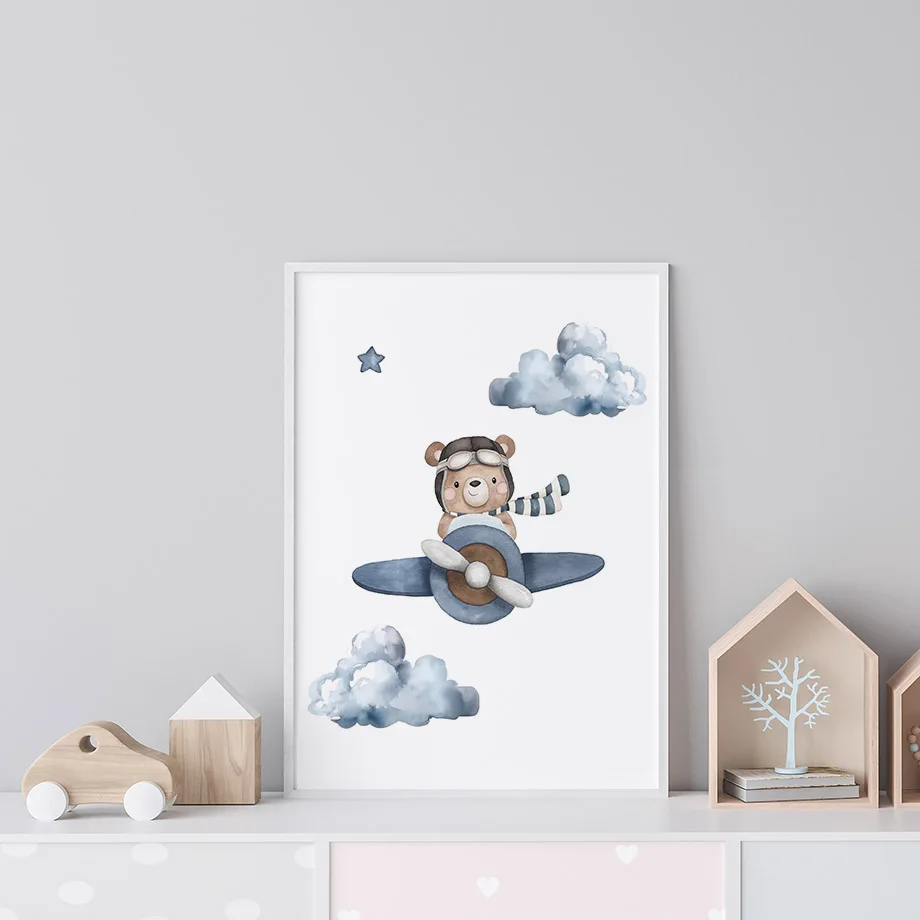 Frameless Boho Bear Aircraft Hot Air Balloon Cloud  Posters Wall Art Print Canvas Painting  Kids Room Home Decoration Picture