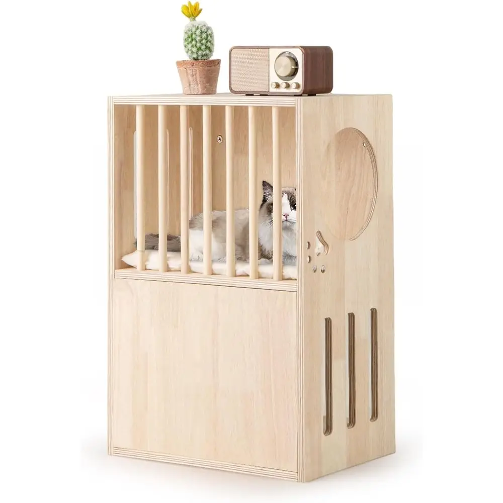 

2-Tier Elegant Wooden Cat Condo with Washable Cushions, Access Holes, Indoor Playpen & Nightstand
