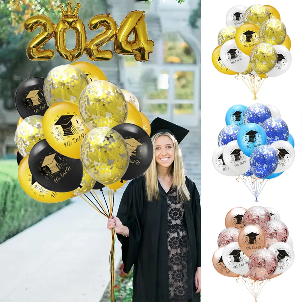 15pcs/Set 2024 We Did It Bachelors Cap Latex Balloon Graduation Party Decoration Class Of 2024 Congratulation Supplies