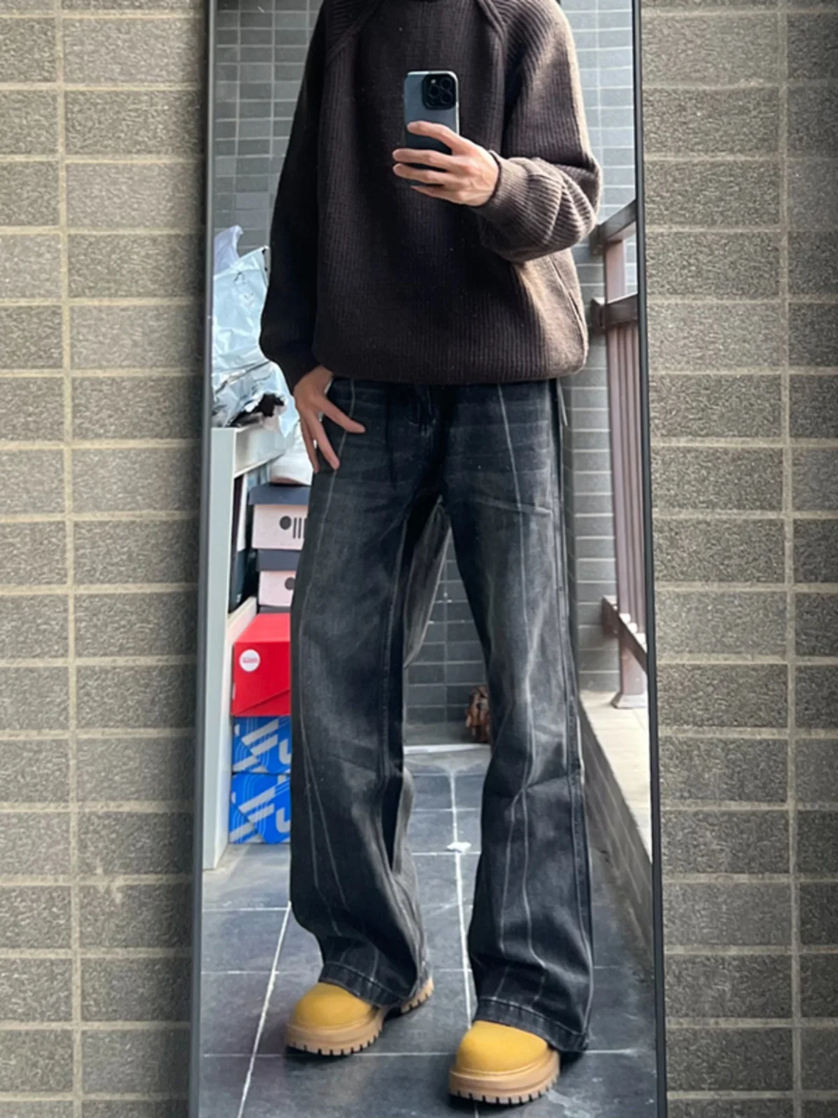 

Bla Marble Pattern Men's Jeans American High Street Wide Leg Pants Cleanfit Micro Flared Straight Long Trousers