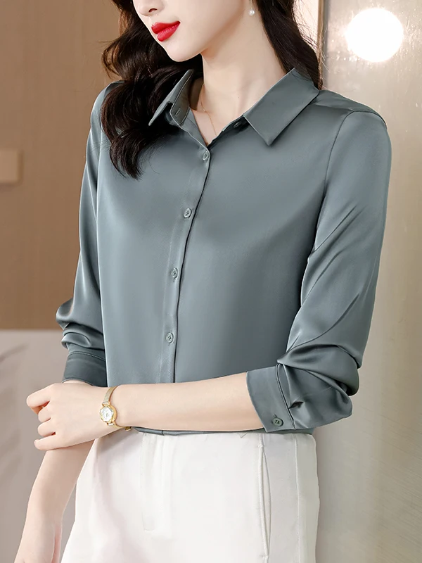 ร้านเสื้อผ้าผู้หญิง Ele Silk รุ่นพิเศษ S สำหรับฤดูใบไม้ผลิและฤดูใบไม้ร่วง แบรนด์ Bule แฟชั่นลำลอง สีพื้น ปกเสื้อ