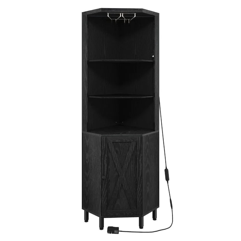 Szafka narożna barowa 67 cali drzwi szklane na alkohol stojaki na wino LED drewniane półki