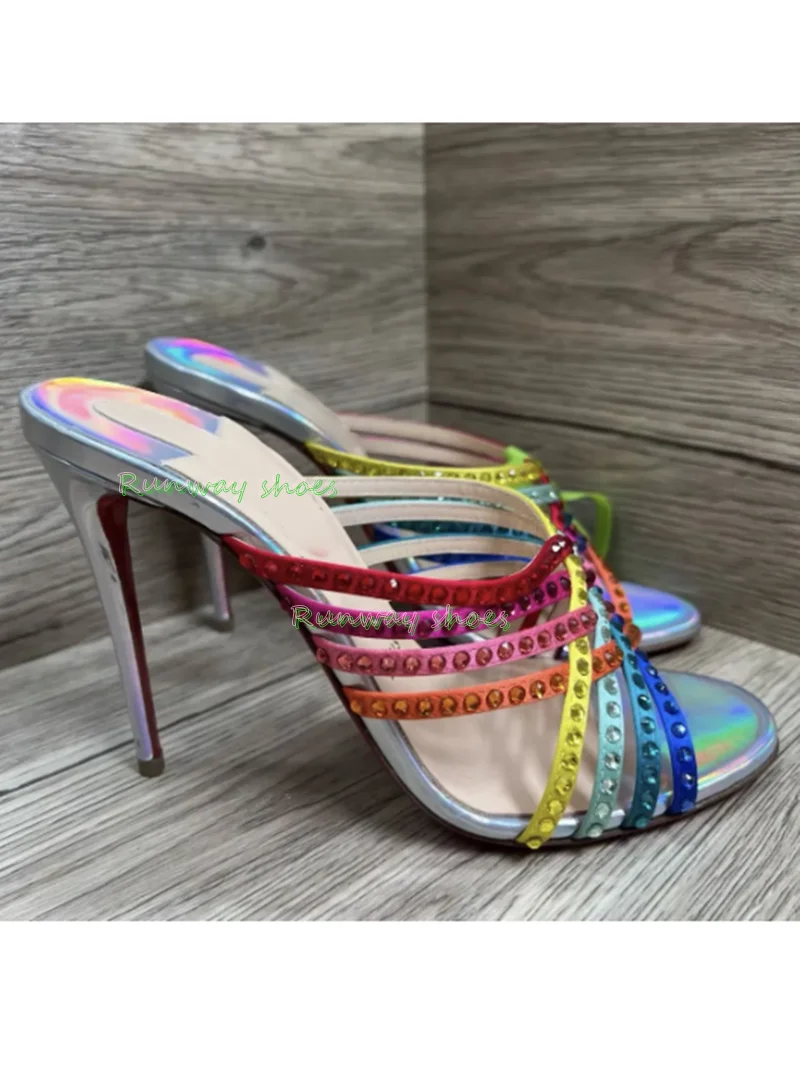 Multicolor Rhinestones Decorate Crystal Straps  High Heel Round Toe Cross Thin Strap Shallow Luxury Slippers Banquet Shoes 2026