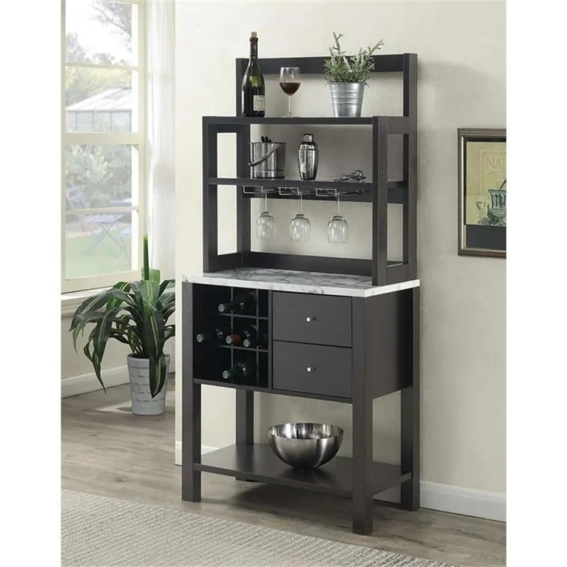 

31 Modern Serving Bar Cart – Faux Marble/Espresso Storage Cabinet with Drawers & Wine Rack Kitchen Dining