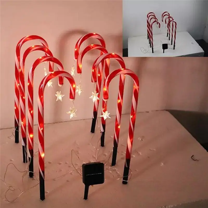 A67P-Solar Christmas Cane Ground Lights Light String Candy Star Cane Lawn Landscape