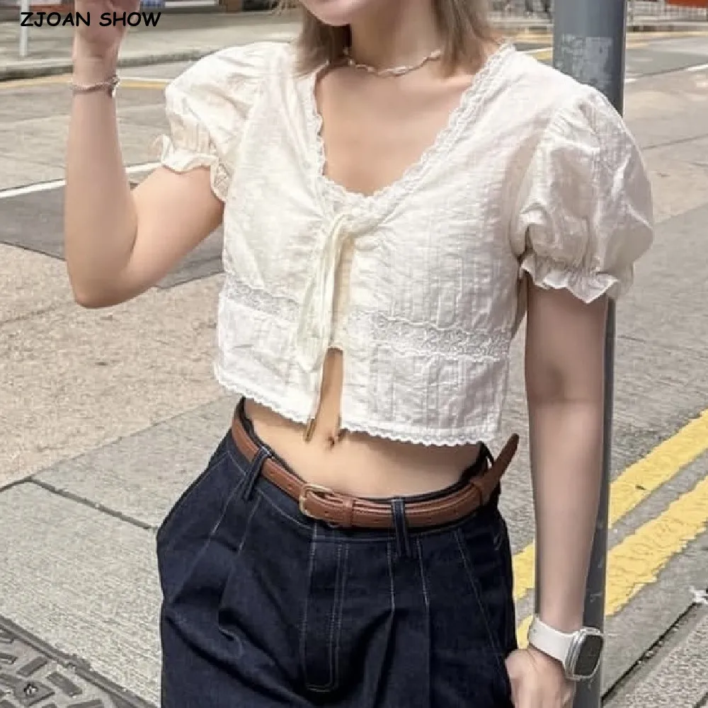 

3 цвета, милая белая рубашка со шнуровкой и бантом спереди с короткими пышными рукавами + укороченные топы с v-образным вырезом, 2 шт., 1 комплект