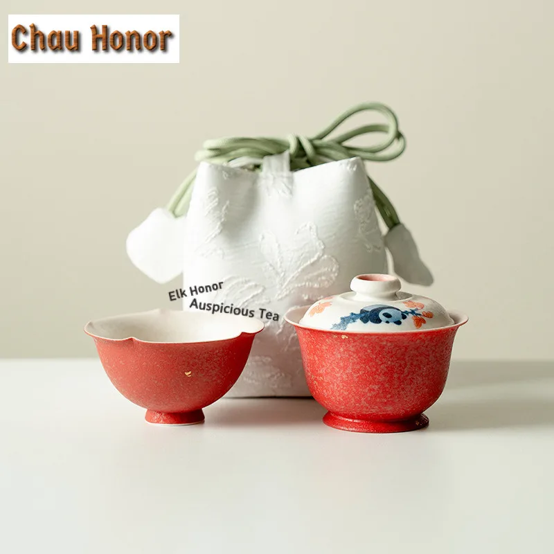 

Gold Sprinkled Hand-painted Maple Leaf Panda Travel Tea Set Kit Handmade 1 Pot 1 Cups Tea Making Organizer Portable Outdoor Tote