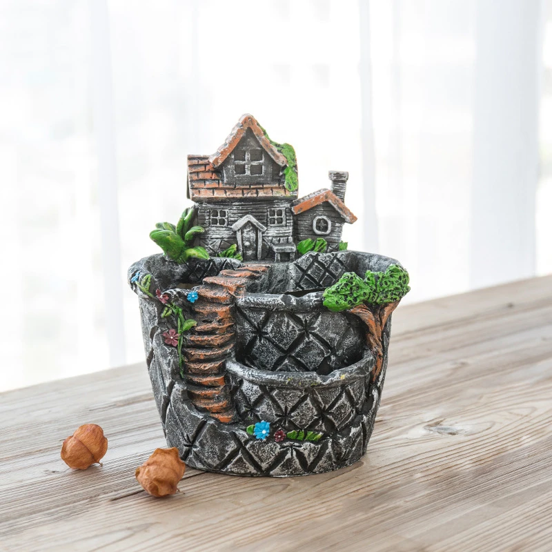 Fairy House Statue Resin Hand-Painted Thatched Roof Sculpture Flower Pot Ornament Outdoor Decoration Garden Accessories Gift