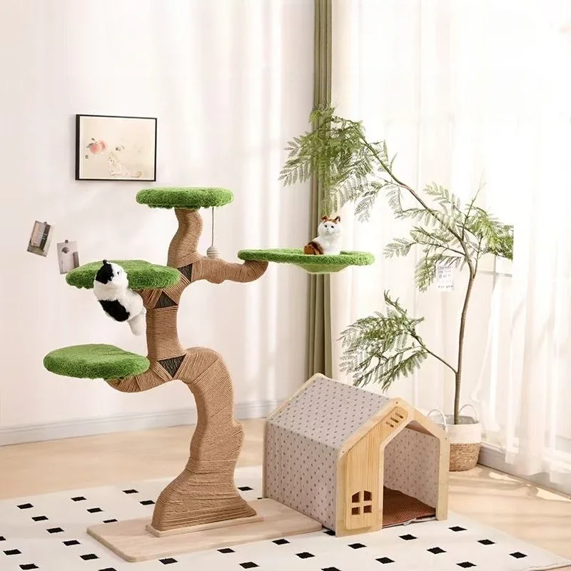 Large Podocarpus Shaped Solid Wood Cat Climbing Frame Multifunctional Cat Tree House Wear-resistant Cat Scratching Board