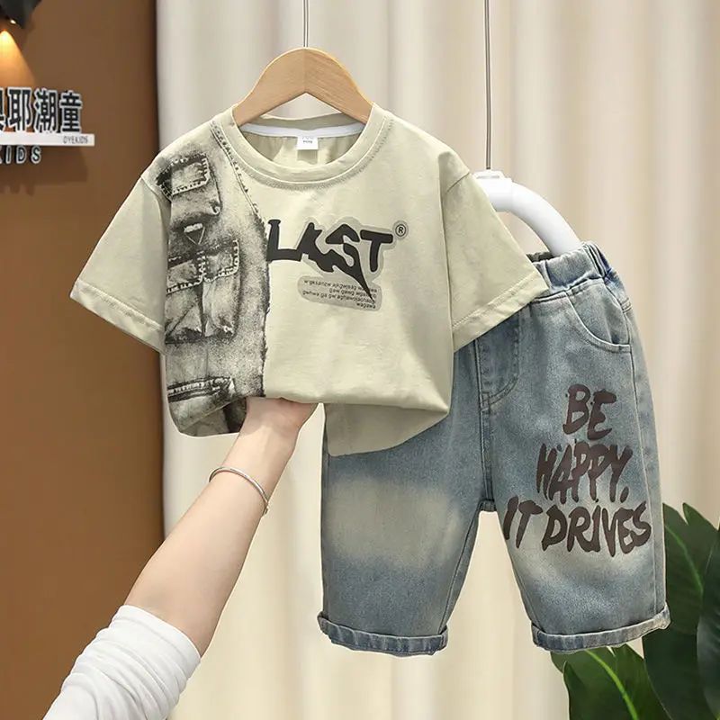 

Printed Short-Sleeve Denim Shorts Suit Children Kid Costume Clothes for Boy Boys Summer Child Set Years Kids Children's Clothing