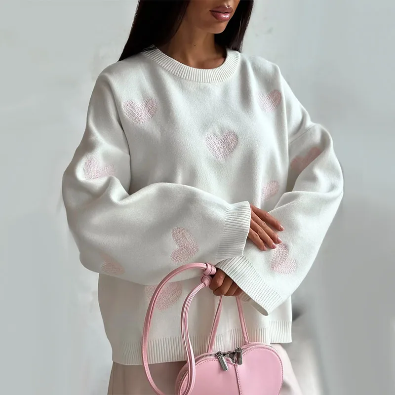 봄 가을 여성 라운드넥 긴팔 스웨터 여성 캐주얼 루즈 니트 풀오버 하트 프린트 탑 여성 시크 니트웨어