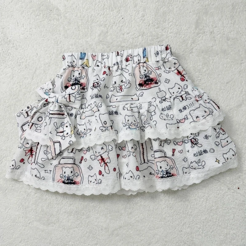 Japanese Kawaii Lace Patchwork Mini Skirts Womens JK Jupe Cartoon Print High Waist Skirt Y2k Aesthetic Sweet Bow Gothic Faldas