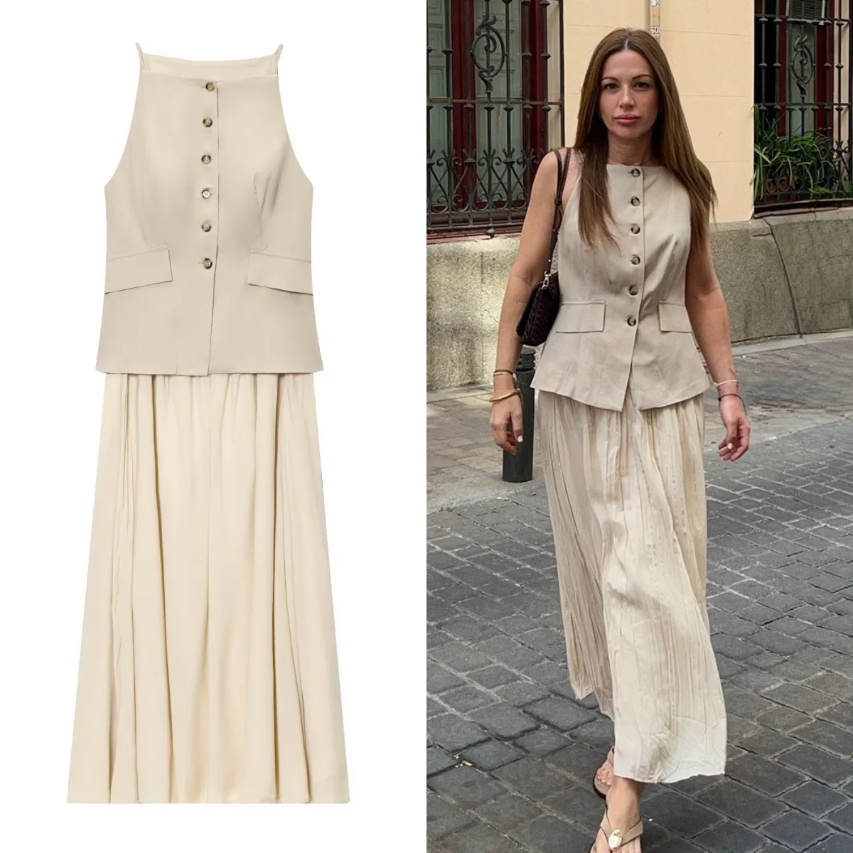 UNIZERA 2025 Zomer Nieuwkomers Dameskleding Single-Breasted Kleine Plooirok Midi Vest Splicing Jurk