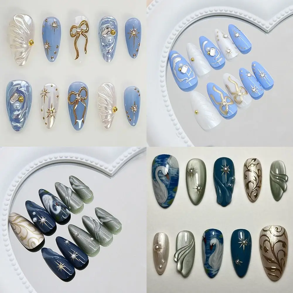 

24pcs Long Almond False Nails French Golden Sparkling Bow Wave Press on Nails Deep Blue Cat Eye Stripe Detachable Fake Nails DIY
