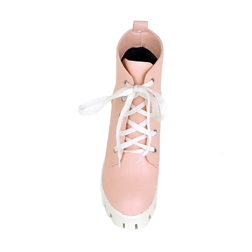 Big Size Winter Women Combat Platform Boots Black Pink High Block Heels Casual Party Office Lady Plush Lace Up Snow Ankle Boots