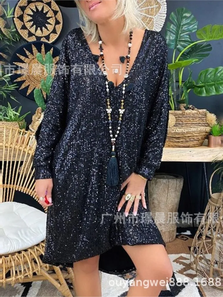 

Trendy Solid Color Sequin Dresses Women V-neck Long Sleeve Loose Irregular Mini Dress Lady Commuting Vestidos Spring Autumn New