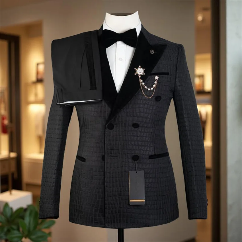 

Plaid Wedding Suits for Men Double Breasted Formal Groom Tuxedo Slim Fit 2 Pieces Male Fashion Set Jacket with Pants Custom Made