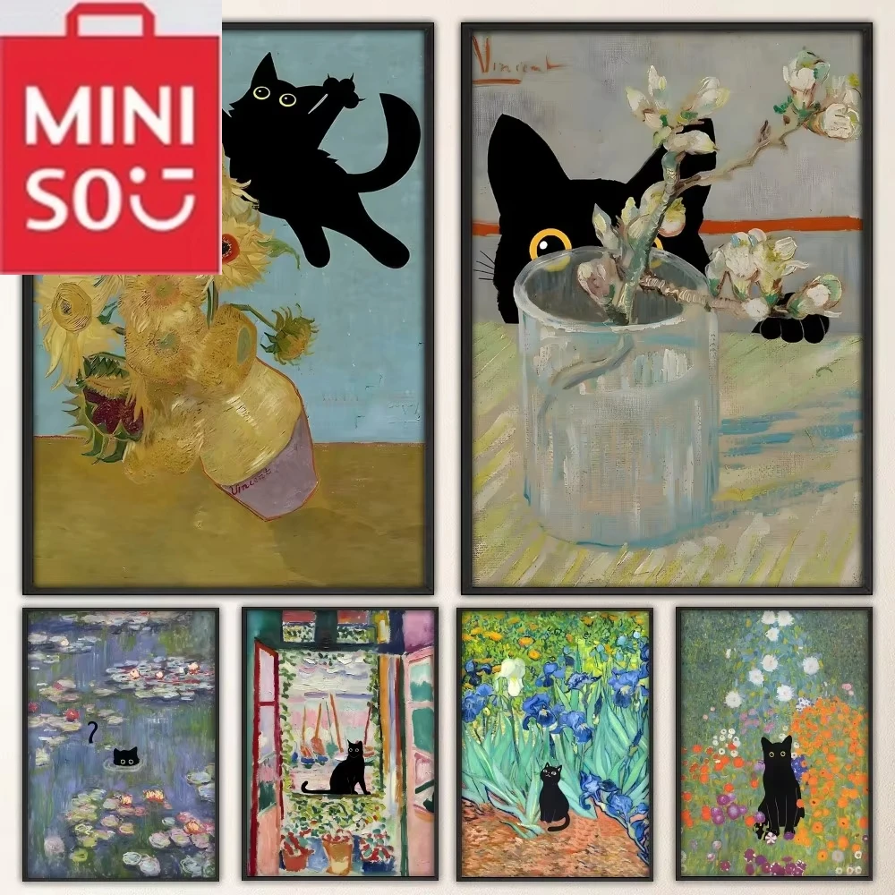 لوحة زيتية MINISO5D DIY وملصق قطة سوداء مربع ومستدير لوحة ماسية فنية لتزيين الحائط مصنوعة يدويًا