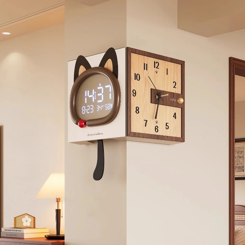 Creative Cat Dual Sided Wall Clock Perpetual Calendar with Digital Display Corner Mounted Electronic Timepiece Funky Wall Decor