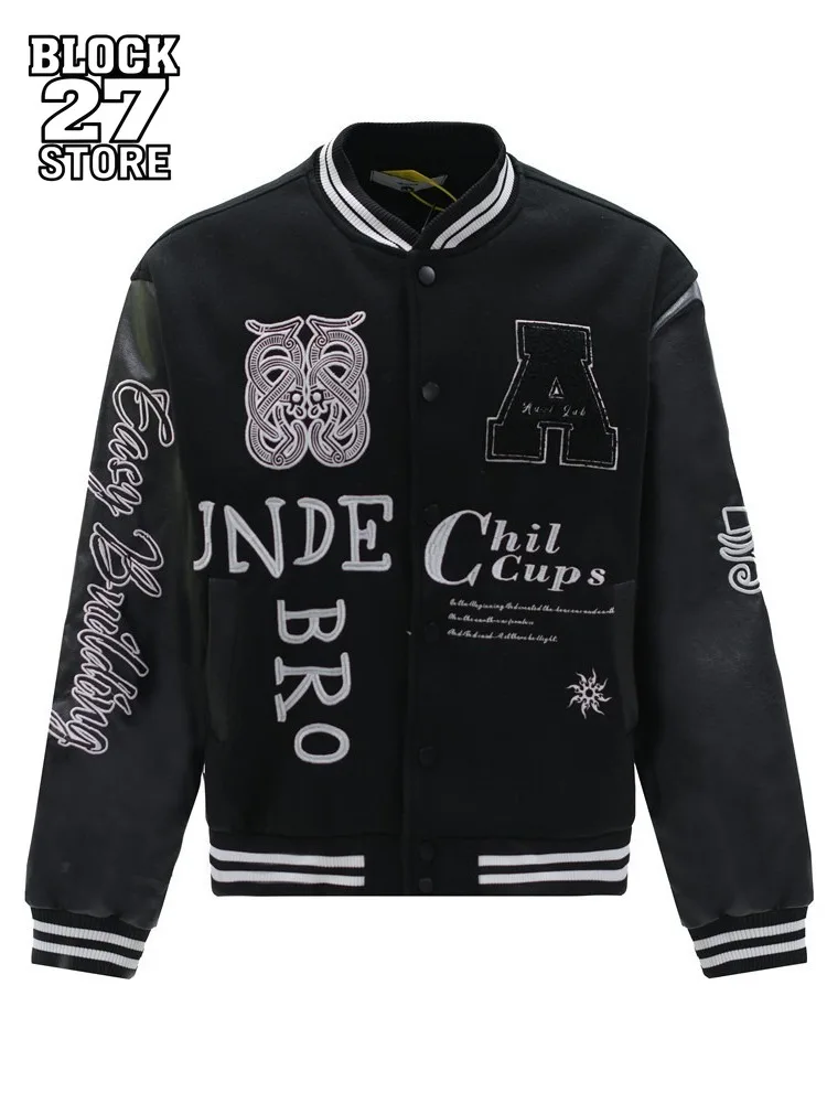

Куртка Мужская уличная американская бейсбольная куртка Цветные блоки из искусственной кожи с рукавами Тяжелая вышивка с буквенным дизайном Свободная посадка Мода