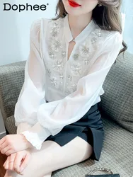 Heavy Industry Beads Long Sleeve Chiffon Shirt for Women 2024 Spring New Office Lady V-neck Puff Sleeve Top Blouse Female