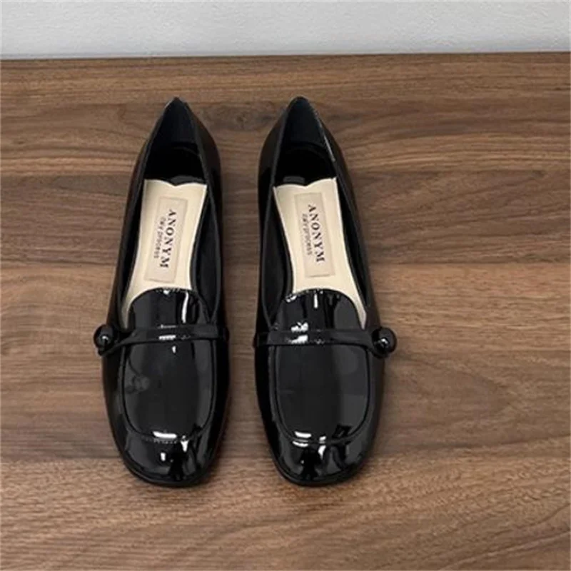 

Button Shoes for Women Square Toes Patent Leather Flat Heels Sewing Lines Female Ballets Shallow Chassure Femme Solid Zapatos