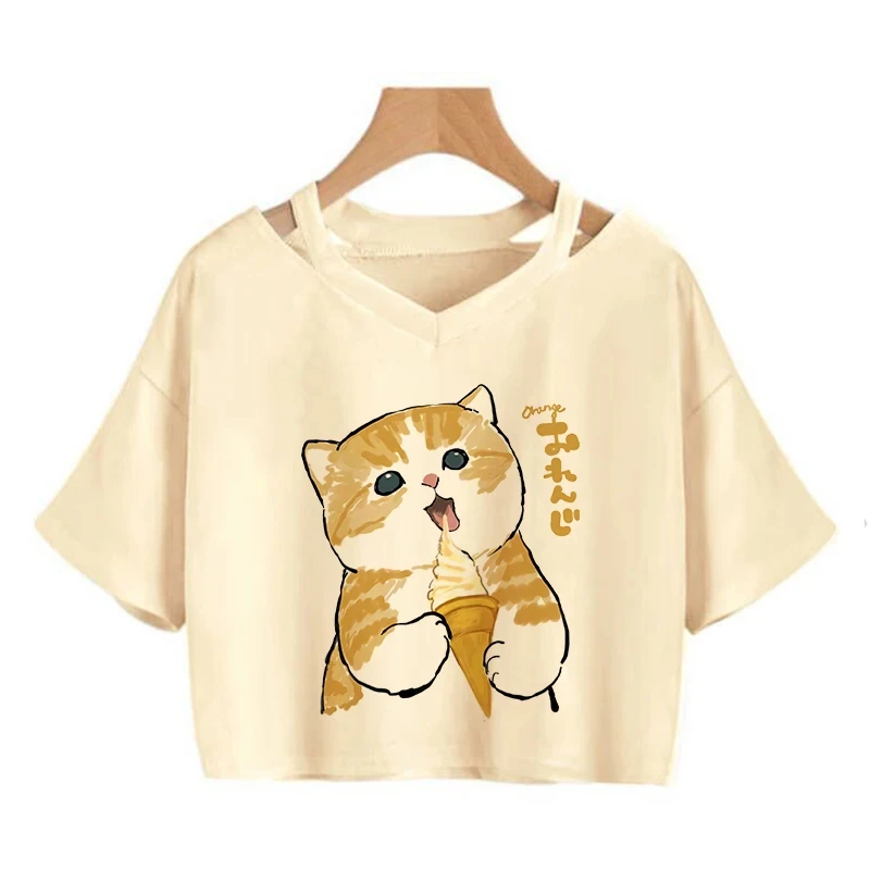 Ulzzang Aesthetic Crop Top Y2k 90s Funny Cute Cat T Shirt Women Shirt Harajuku Graphic T-shirt 90s Tshirt Top Tee Female Cropped