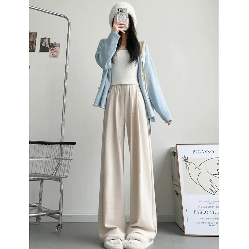 Calças de perna larga inbeige feminino inverno veludo duplo-deck estilo nórdico forro de veludo botões sherpa em relevo durável em camadas ins