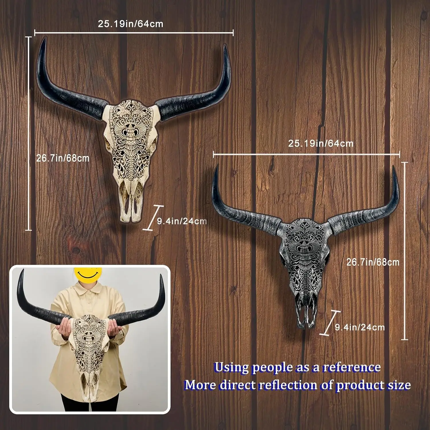 Hand-Carved Cow Skull Longhorn Wall Decor, Authentic Taxidermy Animal Skull Wall Sculpture with Carved Details, Boho Style Longhorn Wall Art, White, 27 x 26 x 10 Inches