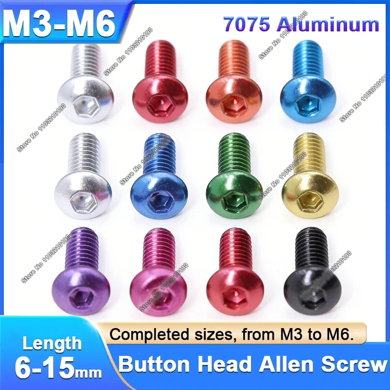 10Pc Anodized Colourful Aluminum Button Head Allen Screw M3 M3.5 M4 M5 M6 Hex Hexagon Socket Round Bolt for Bicycle DIY Projects