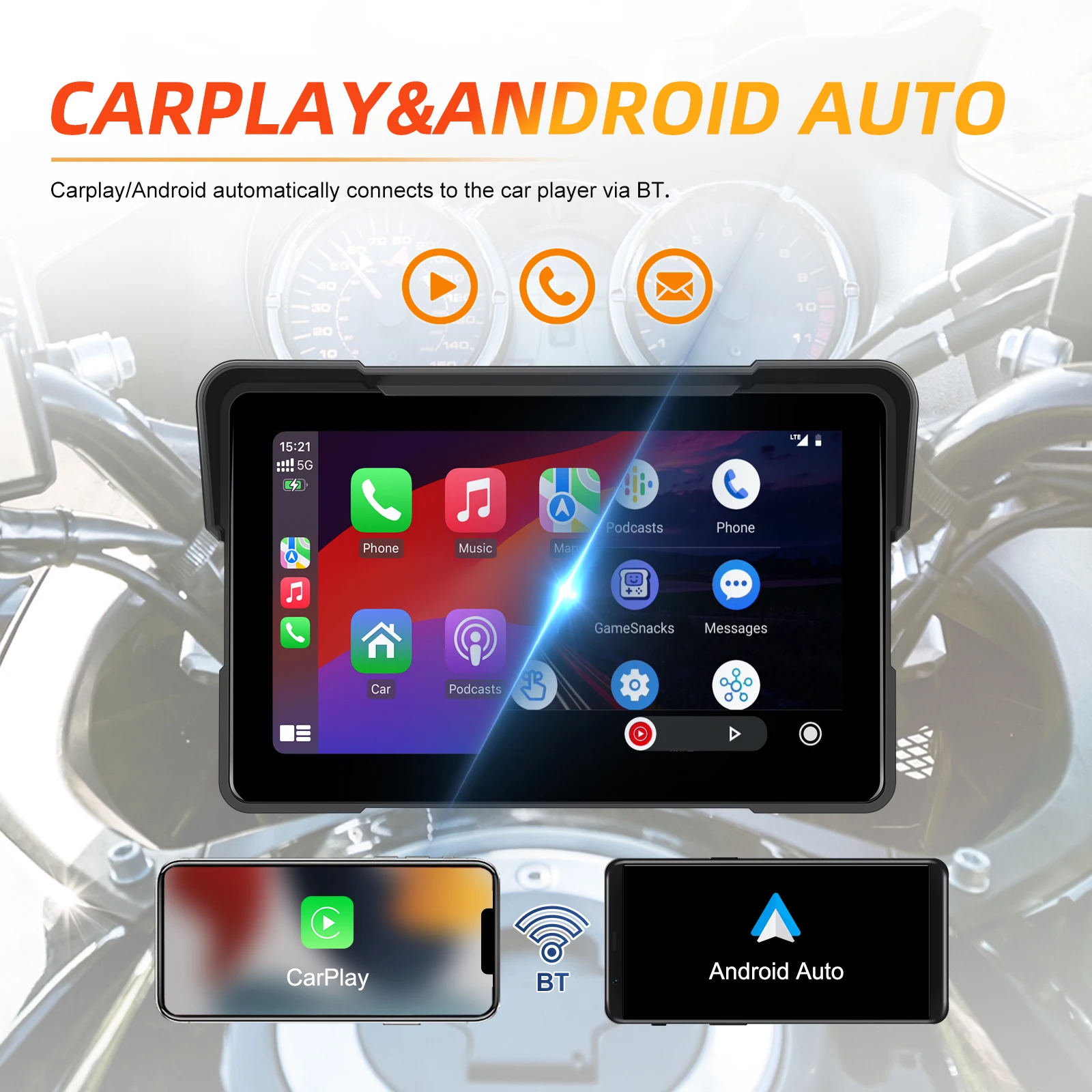 Podofo 7\'\' Motorcycle Carplay Android Auto Navigation GPS Motorcycle DVR Bluetooth EQ IP67 Waterproof Airplay Android Cast 12V