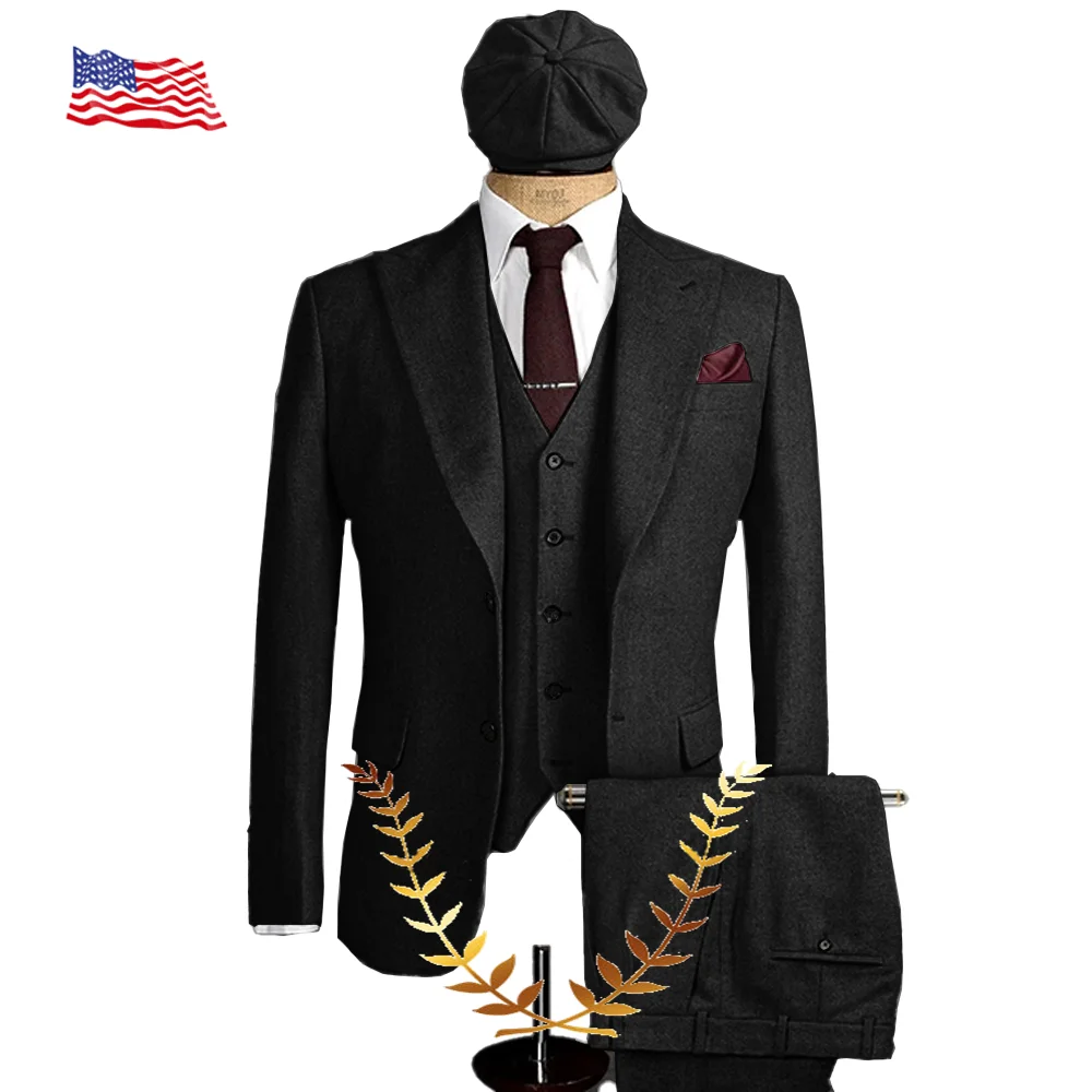 Herringbone Men\'s 3-piece Suit (Jacket+Vest+Pants) Lapel Solid Color Single-breasted Handsome British Style Suitable Wedding