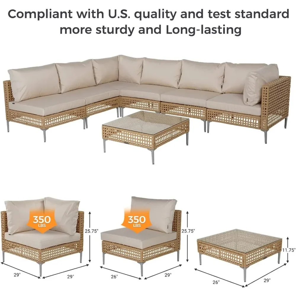 

7-Piece Wicker Patio Furniture Set, Boho Outdoor Conversation Set Sectional Sofa with Water Resistant Thick Cushions