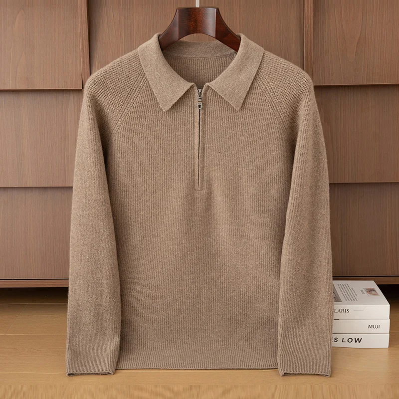 Fall/Winter 100% Pure Wool Men's Lapel Pullover Sweater Business Knitting Casual Bottoming Cashmere Sweater Top