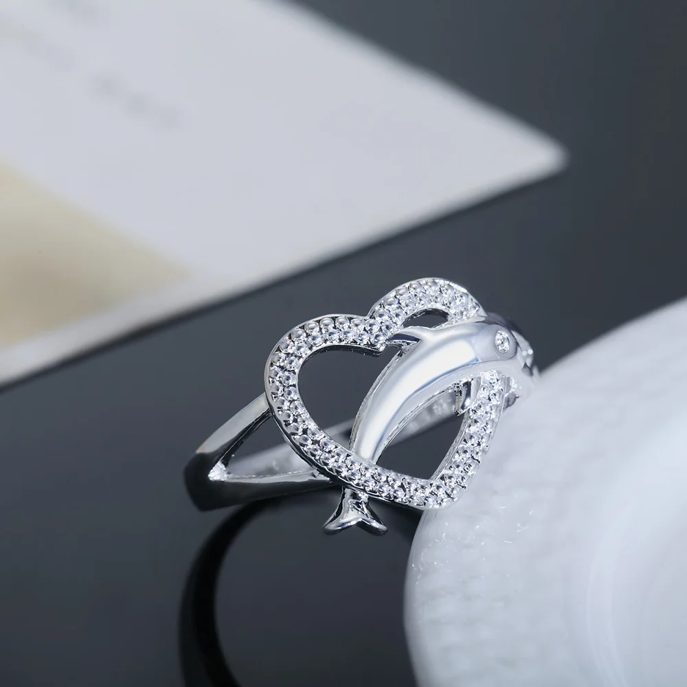 Hot korean fashion 925 Sterling Silver fine Love dolphins heart Rings For Women Couple gifts Fashion Party wedding Jewelry