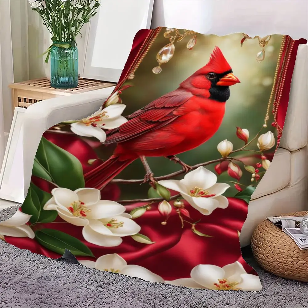 Vibrant Red Cardinal on Branch with White Flowers and Green Leaves - Luxurious Home Decor Throw Blanket with Elegant Red Satin D