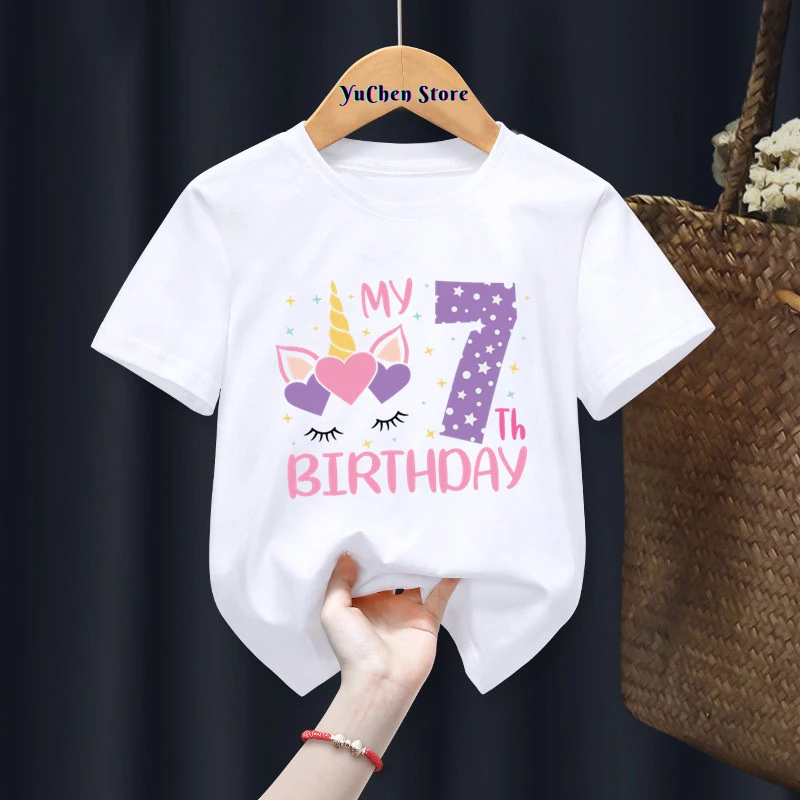 Birthday Gift Present Clothes Children Unicorn Girl My 1-8th Birthday Number Print Name T-shirt Baby Letter Tops Tee,Drop Ship