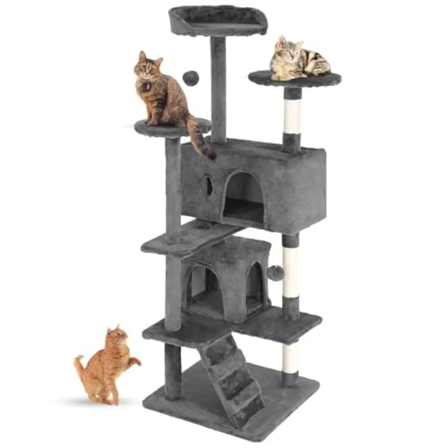 

54" Cat Tree Tower Light Gray Multi-Level Indoor Activity Center with Sisal Scratching Posts Condos Plush Perches Hanging Cat T