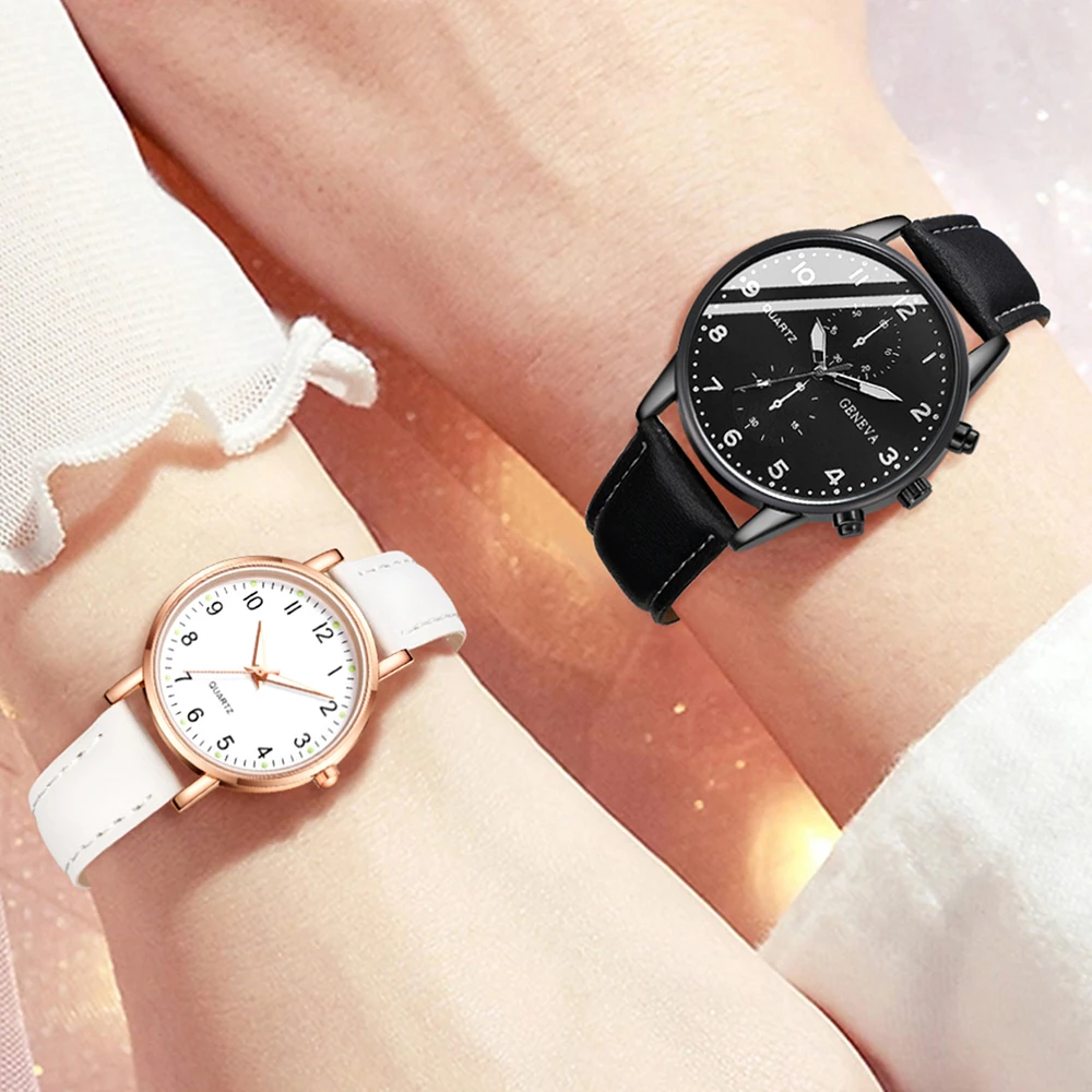 4 Piece Set Of Quartz Watch Bracelet For Couples Fashionable Black And White Leather Strap For Couples Quartz Watch Bracelet Set