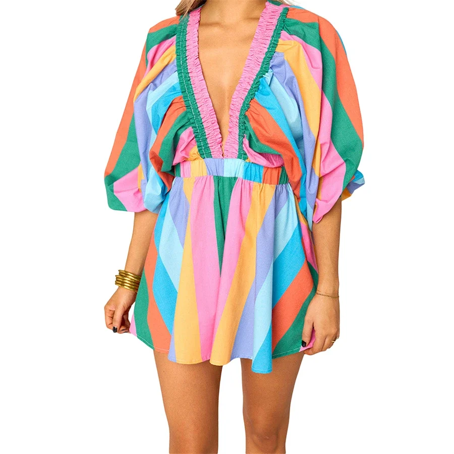 Women's Summer Boho Short Playsuits Stripe/Floral Print Puff Half Sleeve Deep V Neck Loose Fit Rompers for Vacation Beach